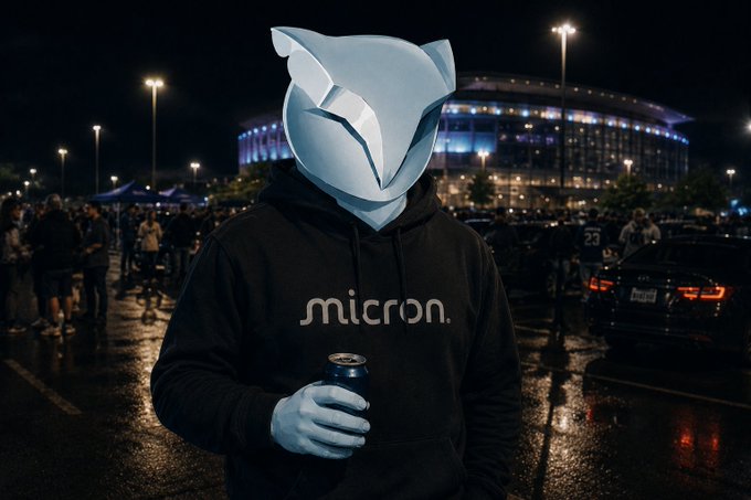 A masked figure wearing a Micron-branded hoodie holds a drink in a dimly lit stadium parking lot, while the accompanying post appears to address investors about the user's history with Micron (MU) stock and responds to concerns or criticism from followers.