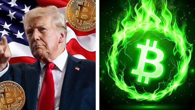 Split image: left side shows Donald Trump in a suit with an American flag background and Bitcoin coins; right side shows a green flaming Bitcoin logo.