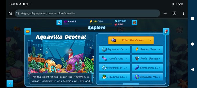 The image shows a mobile game interface for "Aquavilla Central" within Aquarium Quest, displaying level 6 stats (250/250 energy, 879,637 coins, 5,599 gems) alongside navigation buttons for locations like Luni's Lob, Murl's Garage, and Slumbering Sands. It illustrates the landscape orientation UX improvements mentioned in the post, showcasing how the explore menu is being optimized for horizontal device viewing.