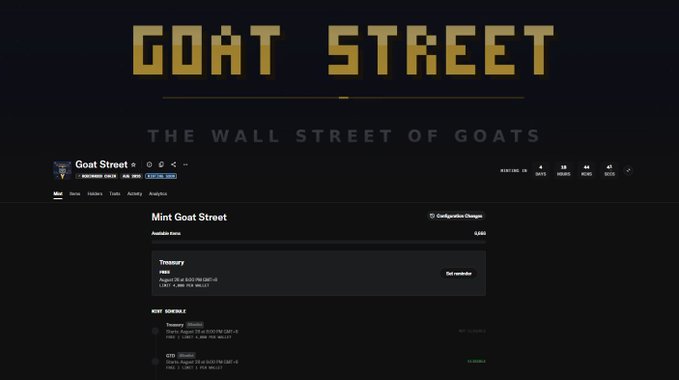 A webpage titled 'GOAT STREET - THE WALL STREET OF GOATS' showing a crypto mint interface with treasury details including '0.243 SOL', pegged at 44,262.73 USDT.