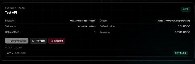 "Just shipped Receipt Rails on @Paynaptic Point any HTTP API at us → it becomes pay-per-call. Unpaid request → x402