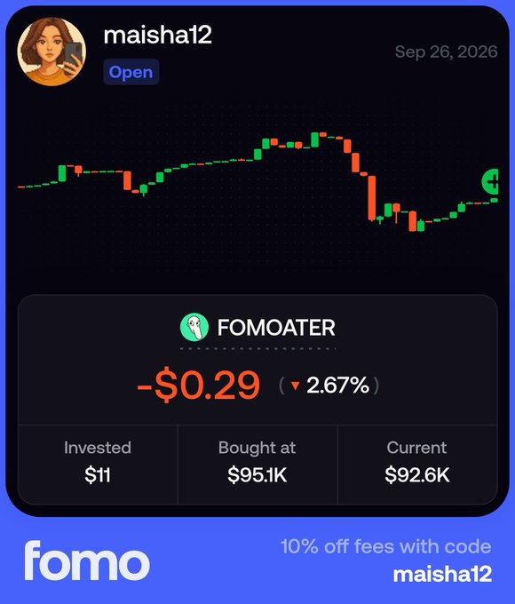 A trading app screenshot from 'fomo' dated 'Sep 26, 2026' for user 'maishat2', showing a negative return of '-$0.29 (2.67%)' on the 'FOMOATER' asset, with a referral code 'maisha12' for 10% off fees.