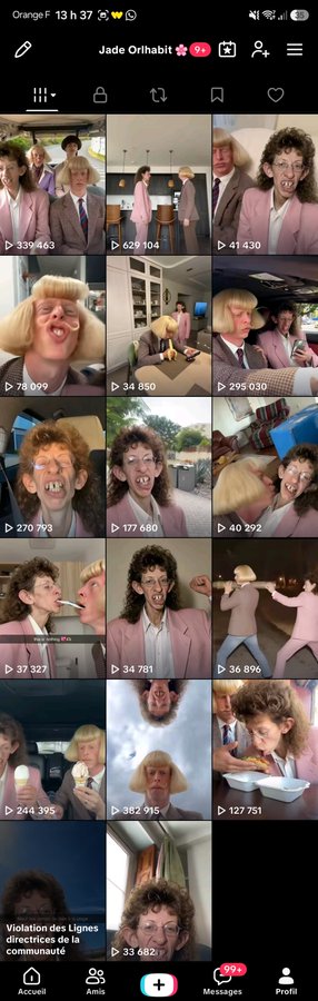 A TikTok profile page for 'Jade Orihabit' featuring a grid of video thumbnails showing a person with curly hair wearing various disguises including a blonde wig and glasses.