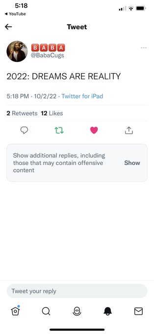 A screenshot of a tweet from BABA (@BabaCugs) with text "2022: DREAMS ARE REALITY," posted on 10/2/22 via Twitter for iPad, showing 2 retweets and 12 likes. This aligns with the post's theme of patience and perseverance, likening the 2022 tweet to looking ahead to 2027's anticipated XRP milestones.