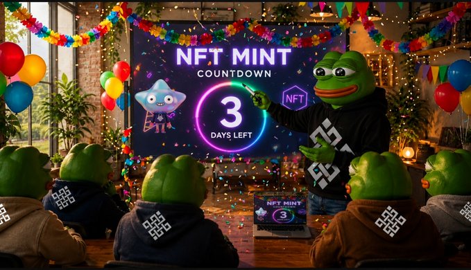 A Pepe frog wearing a Binance hoodie presents a countdown to the Ritual NFT mint on a large screen, with "NFT MINT COUNTDOWN - 3 DAYS LEFT" displayed alongside the Ritual logo, as a group of frogs watches the announcement in a festively decorated room with balloons and streamers.