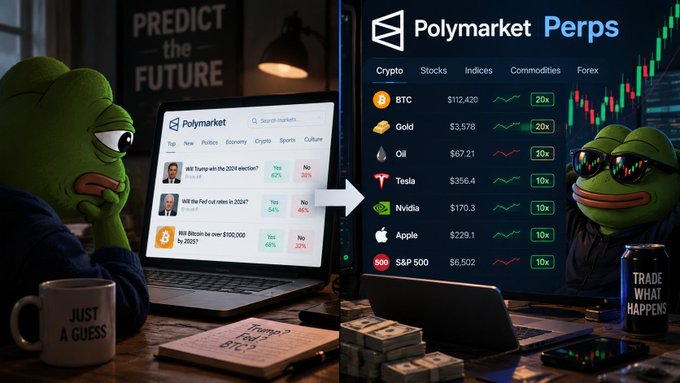 A meme-style illustration featuring a Pepe the Frog character transitioning from Polymarket prediction markets (showing markets like 'Will Trump win the 2024 election?') to Polymarket Perps, a leveraged trading interface listing assets like BTC, Gold, Oil, Tesla, Nvidia, Apple, and S&P 500 with multipliers up to 20x, with a 'JUST A GUESS' coffee mug and 'TRADE WHAT HAPPENS' energy drink visible.