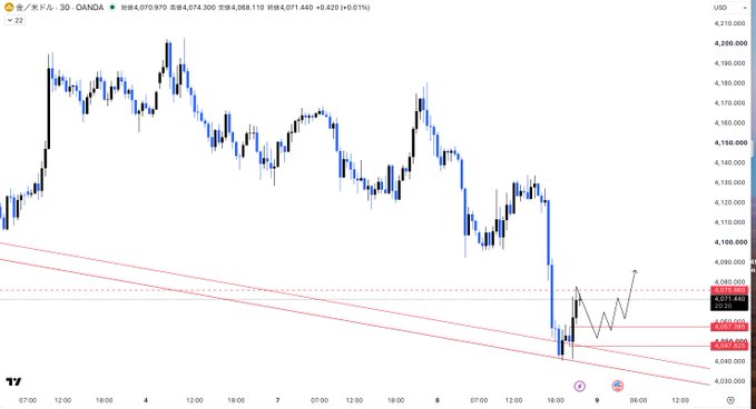 A gold (XAU/USD) 30-minute candlestick chart on TradingView shows the price consolidating around the $4,074.30 level, with resistance near $4,082.34 and support around $4,063.45, aligning with the post's note that the key rate is fluctuating around $4,075.