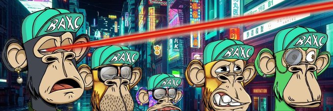 An illustration of five cartoon Bored Ape characters wearing green BAYC caps in a cyberpunk neon city setting.