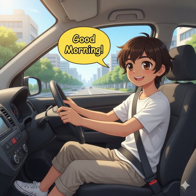 An anime-style illustration of a smiling boy with brown hair driving a car while wearing a white t-shirt and seatbelt, with a speech bubble saying 'Good Morning!'.