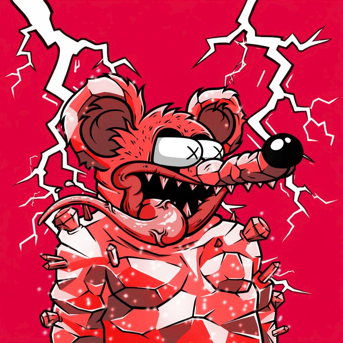 An illustration of a chaotic, cartoonish rat-like creature with sharp teeth bursting out of its chest against a red background with white lightning.