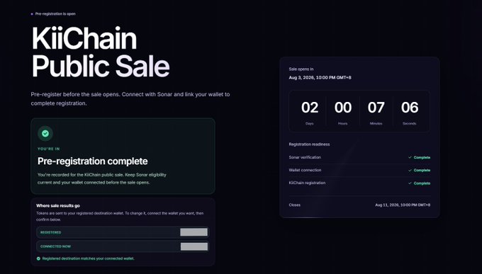 A KiiChain Public Sale registration page shows a countdown timer with 2 days, 0 hours, 7 minutes, and 6 seconds remaining until the sale opens on August 9, 2026, at 10:00 PM GMT+8. The interface confirms all pre-registration steps—Sonar verification, wallet connection, and KiiChain registration—are complete, reinforcing the post's message about being prepared well before the sale begins.