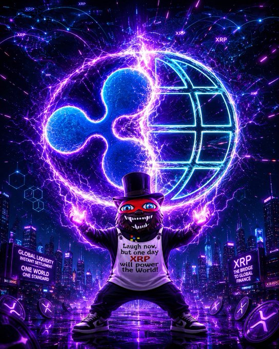 The image features a cartoon character wearing a top hat standing in front of a large globe with three blue symbols representing Bitcoin, Ripple, and Etherium logos. The character also has a speech bubble that says "Lunch but one day will power the world". This suggests that the character is promoting the idea of cryptocurrency adoption as a means to create a better future for everyone.