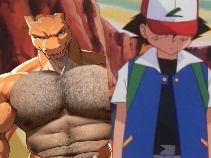 A muscular anthropomorphic Pokémon character with exaggerated chest hair stands alongside Ash Ketchum (Satoshi), who wears his iconic red and white cap and blue vest, both having just witnessed something absurd, perfectly matching Ash's exasperated "For real, get outta here" reaction.