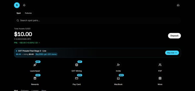 A dark-themed cryptocurrency exchange dashboard from GXT Exchange displays a user account with a total asset balance of $10.00 USD (0.00001581 BTC), along with navigation options for Launchpad, GXT Mining, Invite, P2P, Rewards, Pay Card, and MacBook features, and a promotional banner for the "GXT Presale Final Stage 3" offering a +20% bonus.