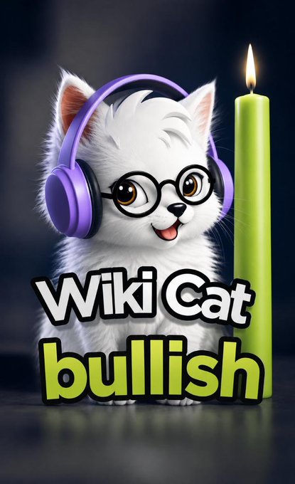 The image features a cartoon cat wearing headphones, sitting next to a green candle with a purple label that reads "WIKI CAT BUILISH". The caption below the image states "$WKC is the Bull run ARE YOU BULLISH ENOUGH?".