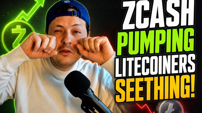 A man wearing a blue cap plugs his ears while speaking into a microphone, alongside bold text reading "ZCASH PUMPING LITECOINERS SEETHING!"—visually capturing the post's theme of mocking frustrated Litecoin supporters annoyed by Zcash's price surge.