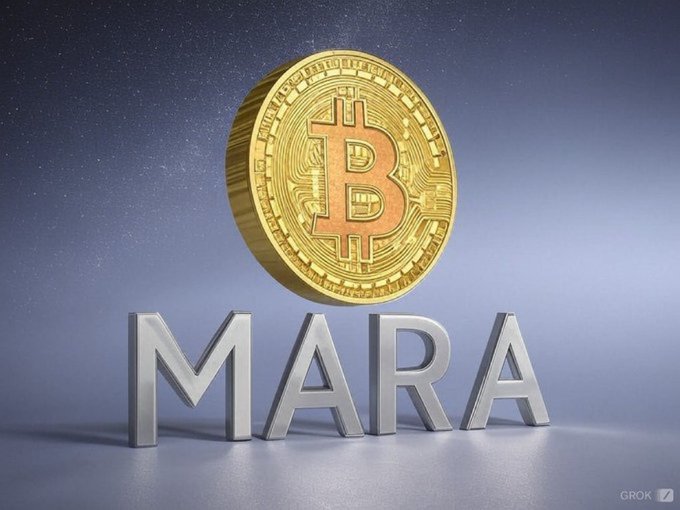 The image features a graphic with a gold cryptocurrency symbol on top of the word "Mara". The central focus of this design revolves around a large, shiny golden coin that bears the name "Mara" written above it. A small silver coin is also positioned below the big letter "Mara". In the background, there's a dark blue color providing a contrasting backdrop to the gold and silver elements in the foreground.