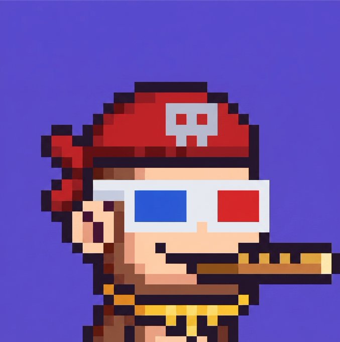 A pixel-art illustration depicts a character wearing a red bandana with a white skull emblem and red-and-blue 3D glasses while smoking a cigar, set against a purple background.
