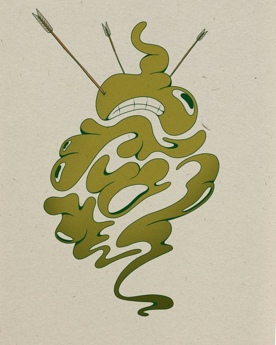 An illustration depicts a melting, olive-green monster pierced by three arrows on a textured cream background.