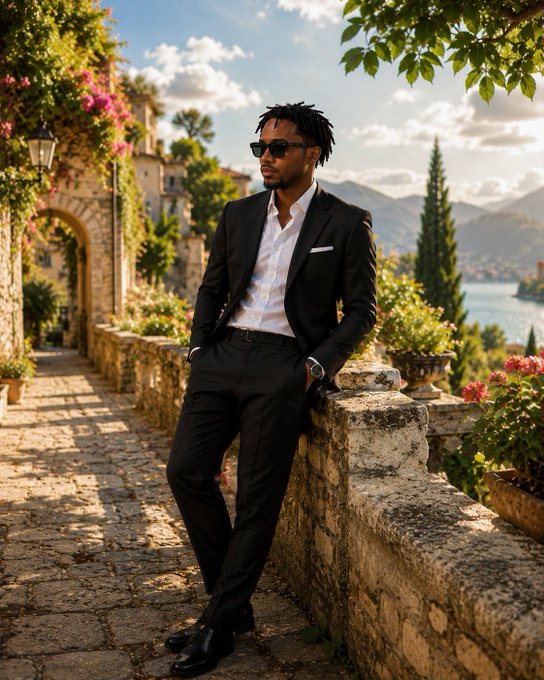 A man in a black suit and white shirt, wearing sunglasses, leans against a stone wall on a cobblestone path with a coastal village and mountains in the background.