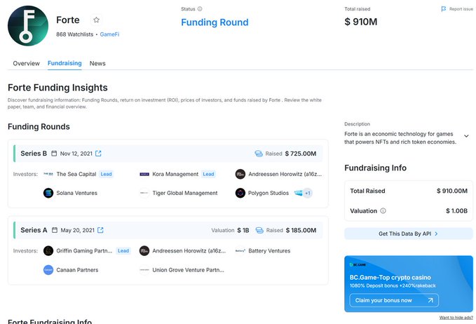 The image shows an infographic displaying information about a fundraising round that has raised $910M+ from various investors, including companies like Forte, Coinbase, and others. The infographic also mentions some ongoing tasks such as checking if participants have been accepted and going to the To-Do list.