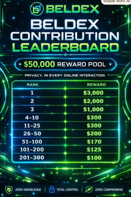 The image displays a Beldex Contribution Leaderboard showcasing a $50,000 reward pool for contributors, with top rankings offering $3,000 for 1st place, $2,000 for 2nd, and $1,000 for 3rd, decreasing to $100 for ranks 201-300. It relates to the post by highlighting the clear reward tiers and privacy-focused mission ("Zero Knowledge, Total Control, Zero Compromise") that motivated the user to join the Beldex campaign.