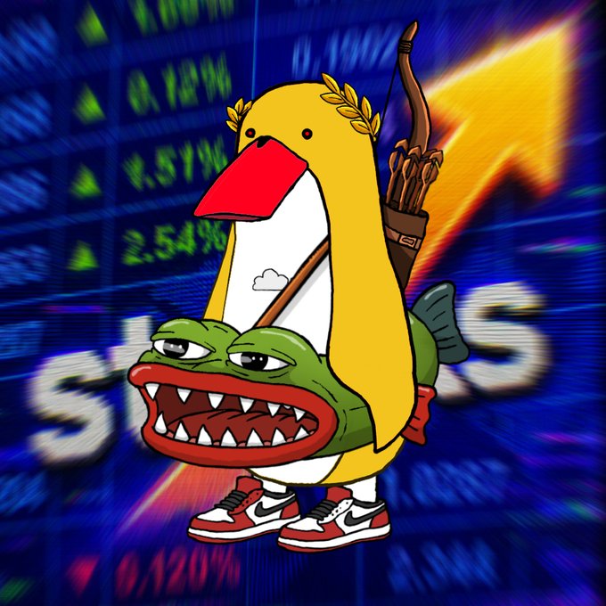 A cartoon yellow duck wearing a laurel wreath, red/white Nike Jordans, and carrying a bow and quiver rides atop a grumpy green fish, set against a backdrop of a stock ticker showing percentages (1.66%, 0.12%, 1.57%, 2.54%, 0.20%) and dollar signs with an upward orange arrow—visually tying into the post's "Make Deplotypus Great Again" rallying cry ahead of the Floaties NFT mint on OpenSea.