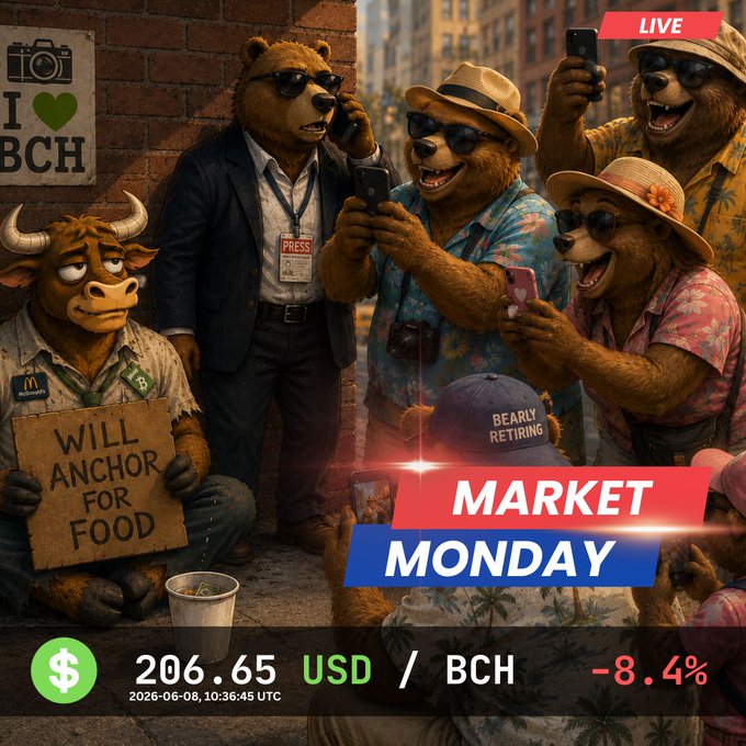 The image features a promotional banner for Market Monday that shows five teddy bears holding up signs about an event named "Market Monday". One of these bear is wearing sunglasses, which adds a fun element to the scene. The bear behind them appears to be talking on a cell phone while others are taking pictures with their cameras and smartphones. This image is part of a larger marketing post that encourages people to visit Market Monday for some delicious food at an affordable price in BCH.