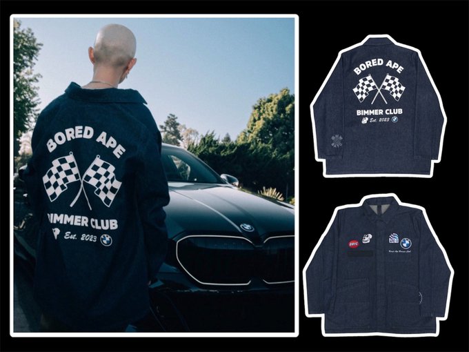 A promotional collage showing a person wearing a dark jacket featuring 'BORED APE BIMMER CLUB Est. 2023' with checkered flags on the back, alongside product images of the same jacket and a matching shirt.