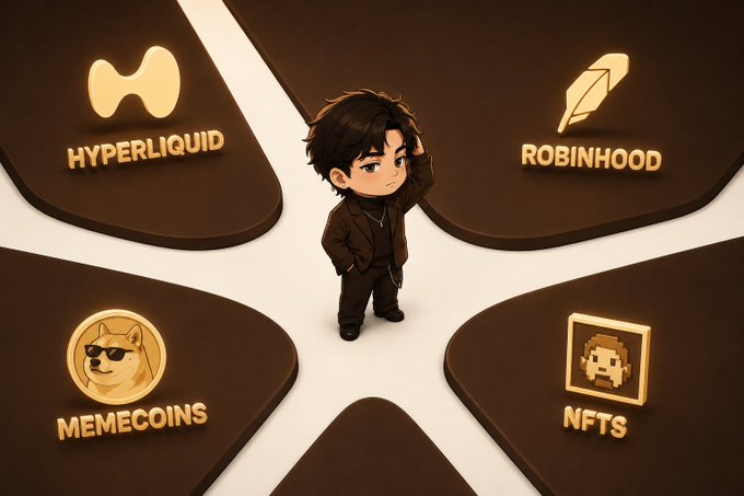 A 3D chibi-style character stands in the center surrounded by four glowing golden icons labeled "HYPERLIQUID", "ROBINHOOD", "MEMECOINS", and "NFTS".