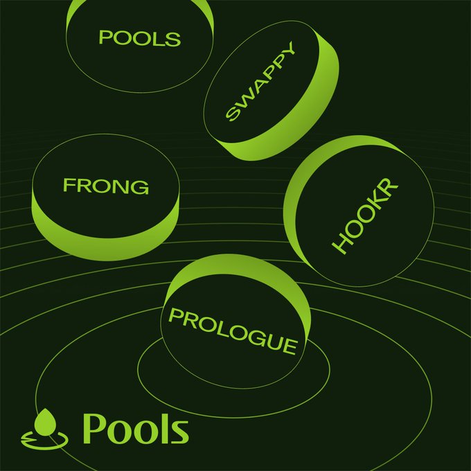 A dark background with floating green 3D coin-like tokens labeled "SWAPPY," "POOLS," "FRONG," "HOOKR," and "PROLOGUE," alongside the "Pools" logo at the bottom, visually representing the latest trending onchain tokens featured in the post.