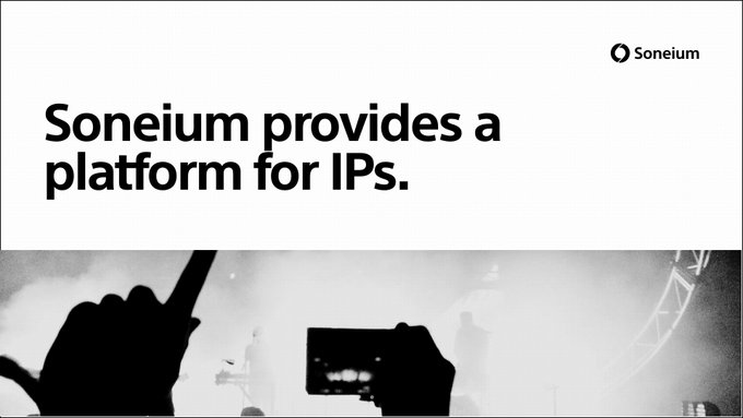 The image displays a black-and-white scene of audience members holding up phones at what appears to be a concert or live event, overlaid with the text "Soneium provides a platform for IPs." along with the Soneium logo in the top right corner. This visual reinforces the post's message by depicting the kind of fan engagement and community ownership that Soneium enables creators to capture and benefit from.