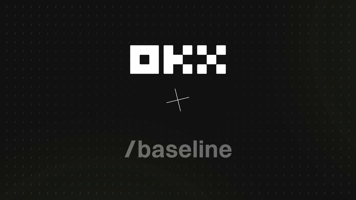 The image features a black background with white text that reads "OKX @baseline". This text is accompanied by an arrow pointing towards the word "okx" and a small logo of a cross, which is also written in white. The text suggests that every Baseline token is now tradable on OKX's @wallet platform.