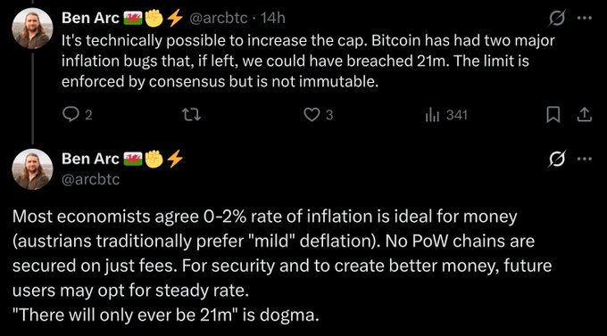 A tweet thread by @arcbtc stating that Bitcoin's 21 million cap is technically modifiable through consensus, citing two past inflation bugs, and arguing that "there will only ever be 21m" is dogma—as miners may push for a steady inflation rate to fund security rather than relying on fees.