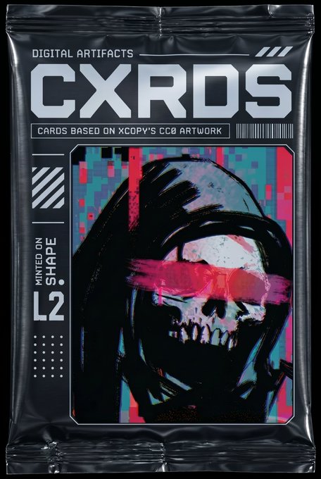 A digital trading card pack labeled 'CXRDS - DIGITAL ARTIFACTS' featuring 'CARDS BASED ON XCOPY'S CC0 ARTWORK' minted on 'L2 SHAPE,' displaying a grim hooded skull with a red brushstroke across its face against a glitchy blue and red background.