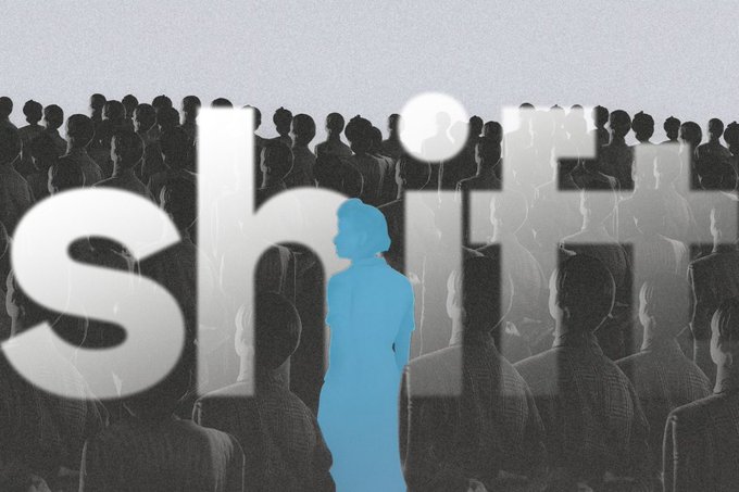 Graphic illustration showing a blue silhouette of a woman standing out from a grayscale crowd of identical figures, with the word 'sh*t' overlaid in large transparent white letters.