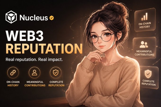 Promotional graphic for 'Nucleus' featuring an illustrated woman with glasses, highlighting 'WEB3 REPUTATION - Real reputation. Real impact.' with icons for On-Chain History, Meaningful Contributions, and Complete Reputation.