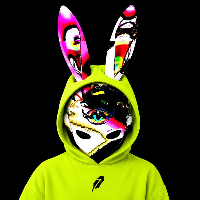 A figure wearing a bright neon green hoodie with a rabbit-eared hood, displaying a colorful, abstract face design in pink, yellow, and black.