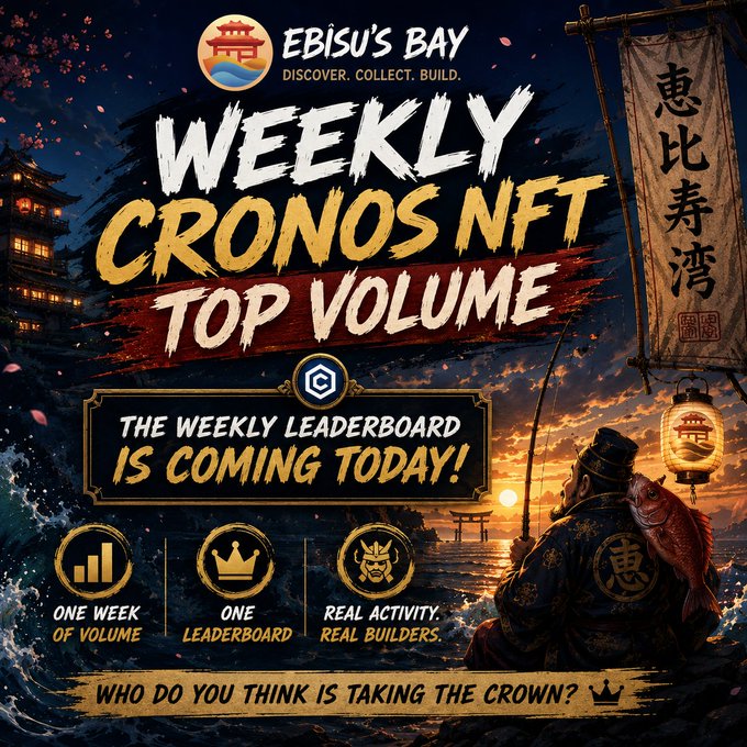 A promotional graphic for 'Ebisu's Bay' advertises a 'Weekly Cronos NFT Top Volume' leaderboard competition, featuring Japanese-inspired artwork with a fisherman, lanterns, and cherry blossoms, emphasizing 'One Week of Volume' and 'Real Activity. Real Builders.'