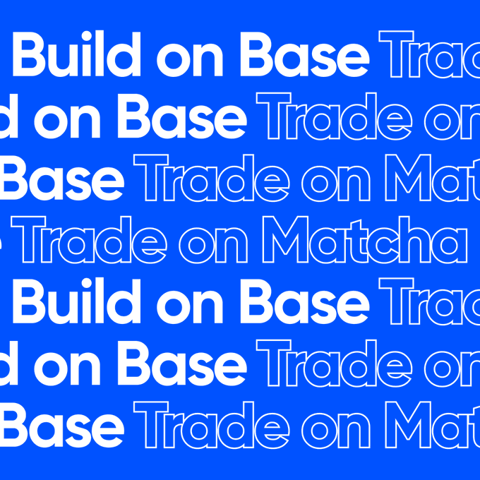 The image features a blue background with white text that reads "Build on Base". Below this, there are three lines of text written in white that says "Trade on Matcha" and "Trade On Matcha". The first line of these texts is centered under the second one, while the third line follows it. The remaining text above the centerline is left to right aligned with the first two lines, creating a pattern that reads "Build on Base Trade on Matcha Trade on Matcha". There's also some text at the bottom that includes an email address: "t@basextr.xyz". This text appears to be related to the post, possibly about matcha or tea, as suggested by the image.