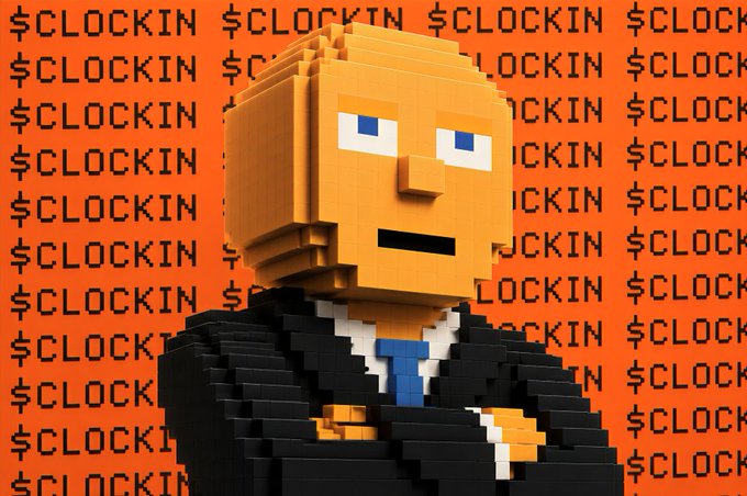 A voxel-style 3D character with a blocky orange head and black suit, set against an orange background patterned with the text "$CLOCKIN".