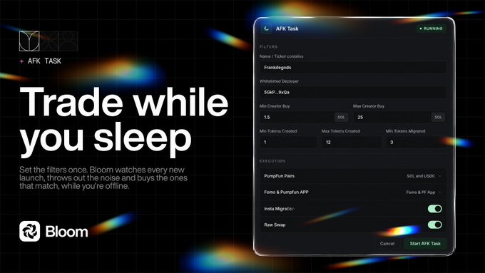 A promotional graphic for Bloom's AFK Task feature with the tagline 'Trade while you sleep', showing a dashboard interface for automating token purchases with filters like 'Ticker contains Franklings' and buy amounts in SOL.