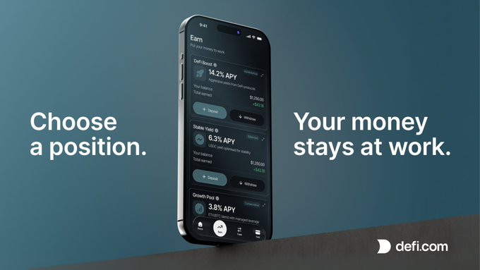 A promotional advertisement for defi.com showing a smartphone displaying the Earn feature with various positions like DeFi Boost (14.2% APY), Stable Yield (6.3% APY), and Growth Pool (3.8% APY), with the text 'Choose a position. Your money stays at work.'