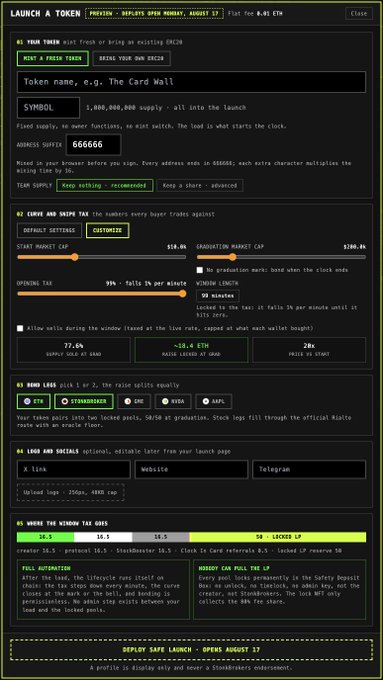 The image displays a "Launch a Token" configurator interface (PREVIEW - DEPLOYS OPEN AUGUST 17) for "The Card Wall" on the stonkbroker platform, showing options to mint a fresh token or bring your own ERC20 with 1,000,000,000 supply, configured with zero buy/sell taxes, $10 start market cap, and bonded with 18.5k limit and 50 locked LP. The interface illustrates the token setup steps described in the post, including fixed supply controls, customizable taxes with graduation at $186.04, liquidity pairing options (ETH/STRONGBROKER), and lock/unlock periods of 30 days—matching the caption's explanation of how the stonk launcher and its configurator function.