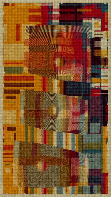 A woven textile artwork featuring a colorful geometric pattern with warm reds, oranges, yellows, and greens in rectangular blocks.