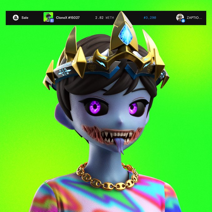 A 3D-rendered character with purple skin, purple eyes, a fanged mouth, and a golden crown stands against a green background, with text indicating an NFT sale of 'CloneX #15027' for '2.82 WETH' to 'ZAPTIO'.