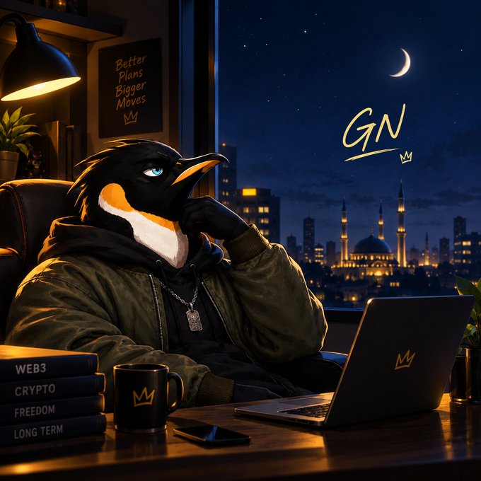 An anthropomorphic penguin character in a hoodie and bomber jacket sits at a desk with a laptop, with books labeled 'WEB3', 'CRYPTO', 'FREEDOM', and 'LONG TERM' nearby, and 'GN' written in the sky above a cityscape.