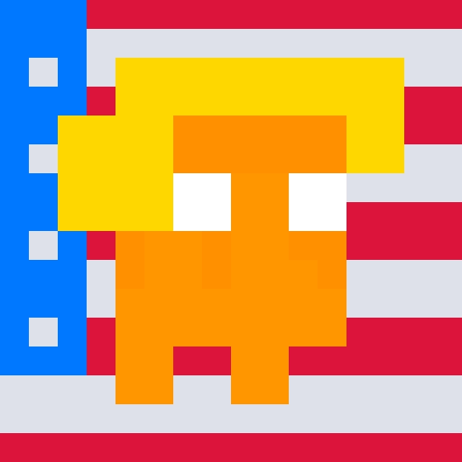Pixel art of an orange character with yellow hair and white eyes set against a red, white, and blue striped background.
