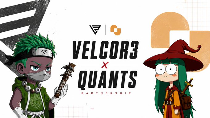 A promotional banner announces a 'VELCOR3 × QUANTS PARTNERSHIP' featuring two cartoon characters: a green-haired ninja and a witch in a red hat.