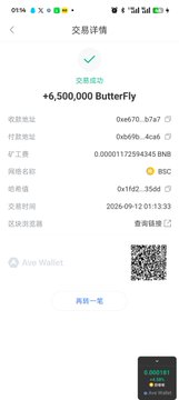 A mobile wallet transaction screen showing a successful receipt of +6,500,000 ButterFly with wallet address 0x670...b7a7, dated 2026-09-12 01:13:33, at BSC network.